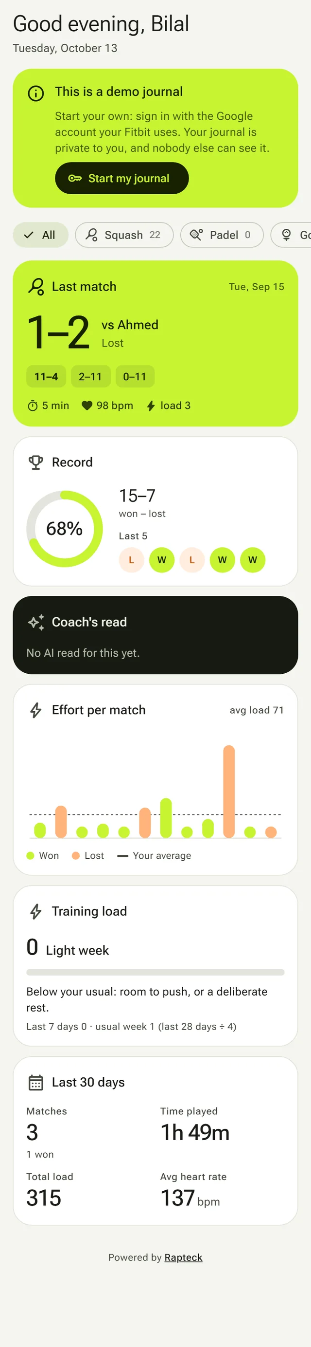 Journal home screen in demo mode: the last squash match, lost 1–2 to Ahmed, a 15–7 record, effort per match, training load and totals for the last 30 days.